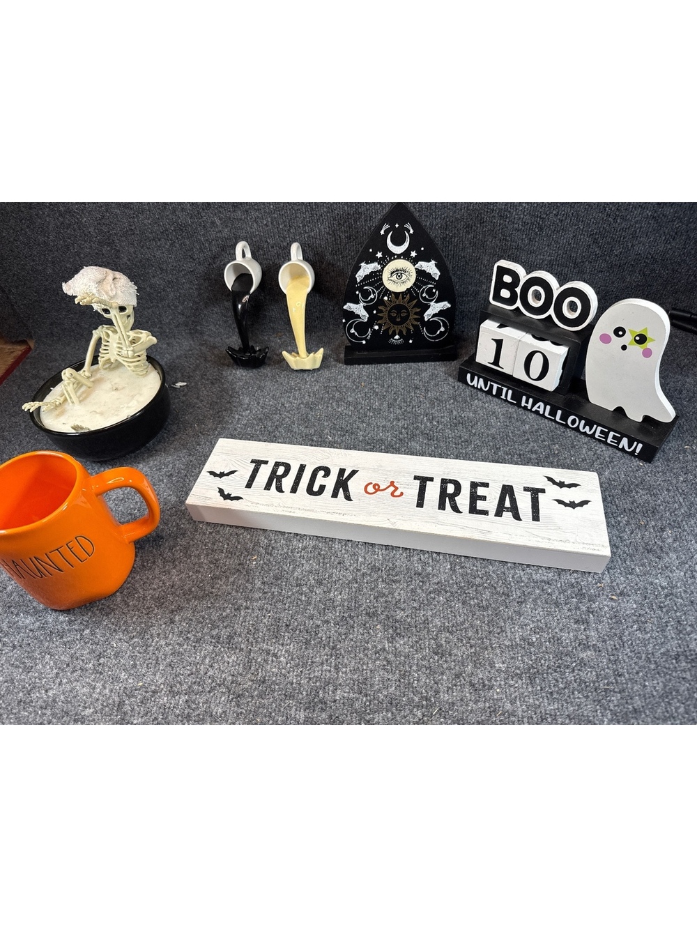 Halloween Decor Lot 7 Pieces Skeleton Ghost Countdown Signs Haunted Mug